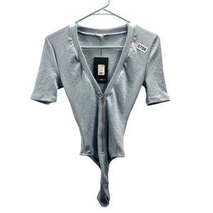 Fashion Nova  Women’s  Light Blue Bodysuit Size S Short Sleeve Zipper Front